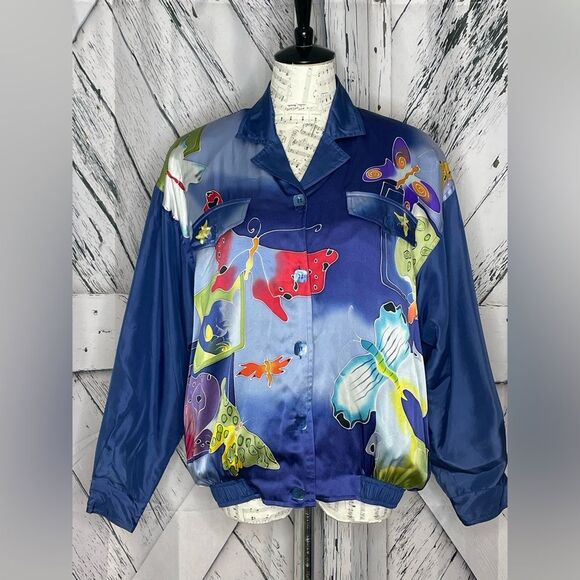 Vintage 80s Mureli Jacket 100% Silk Butterflies Moths Blue S - Picture 1 of 14